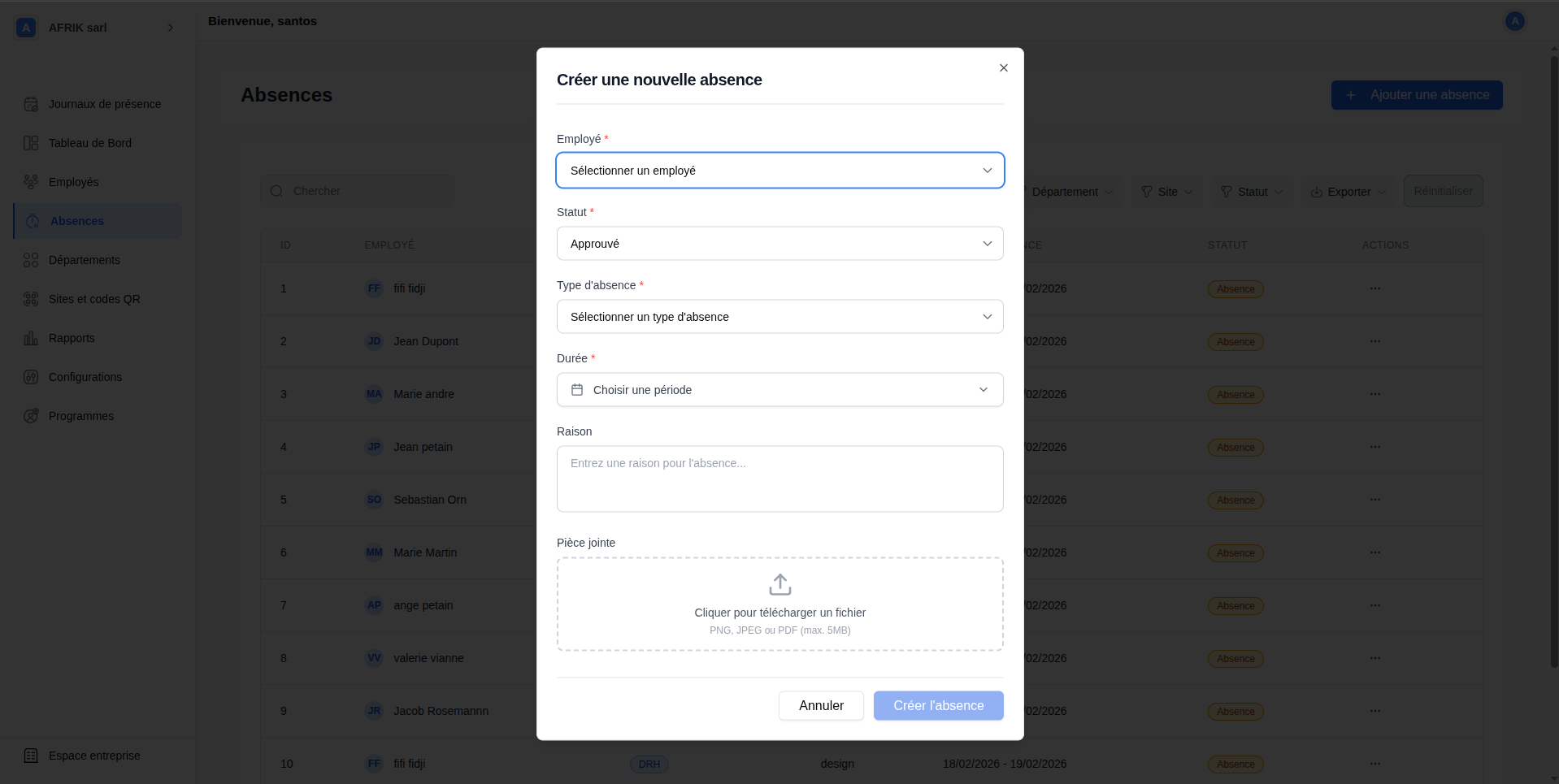 Formulaire de création d'une absence
