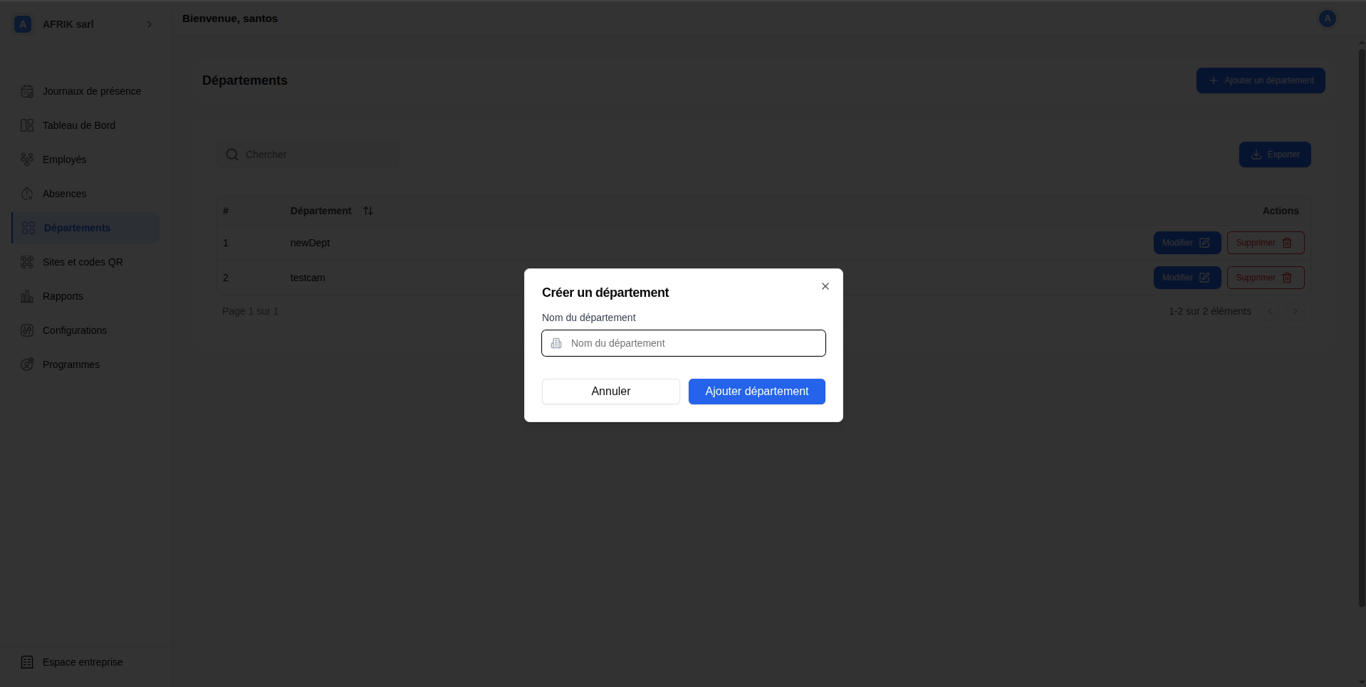 Formulaire de création d'un département
