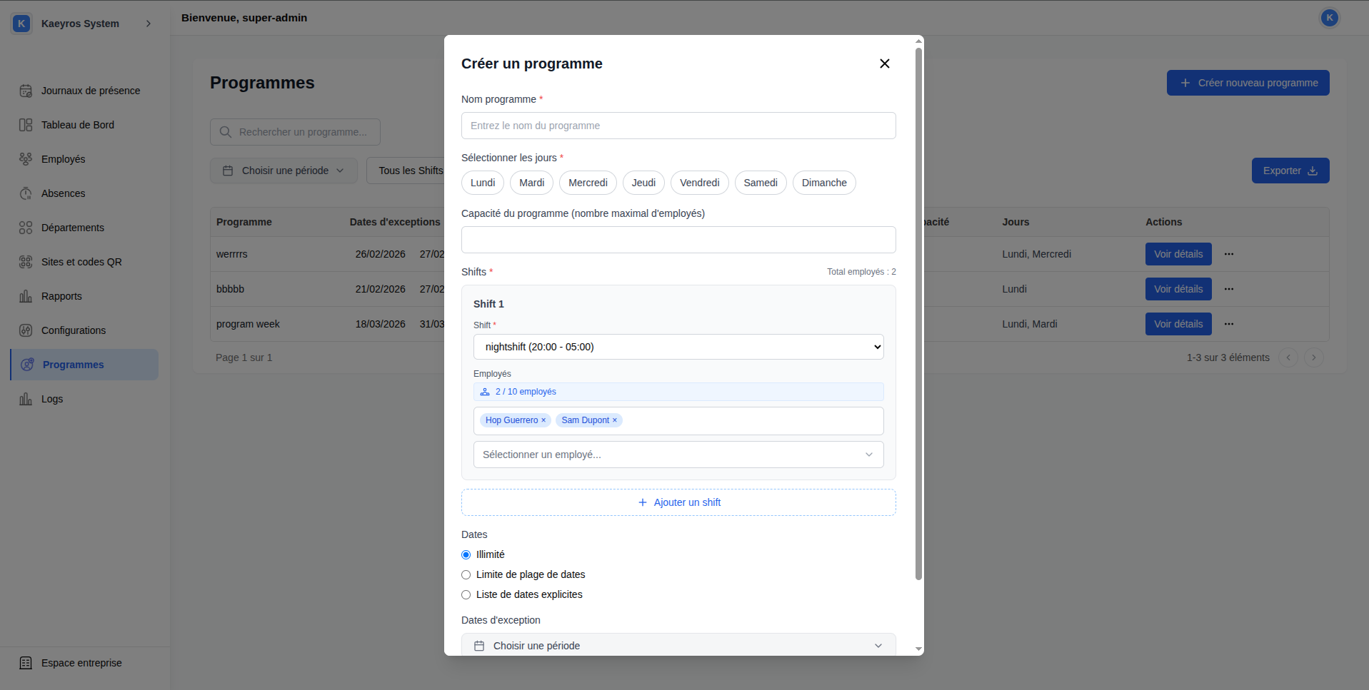 Formulaire de création d'un programme