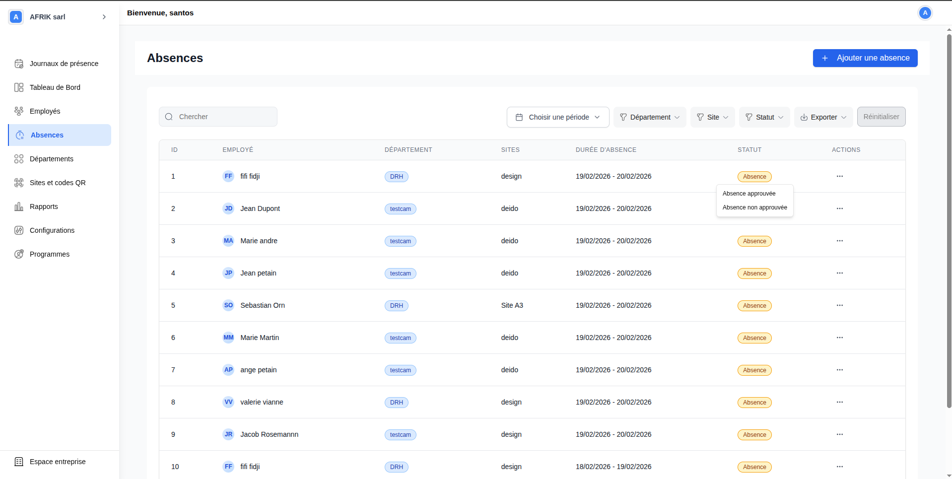 Définir le statut d'une absence