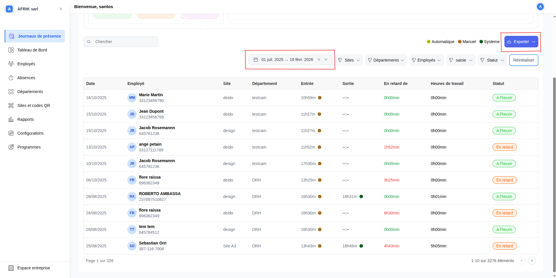 Export du rapport de présence