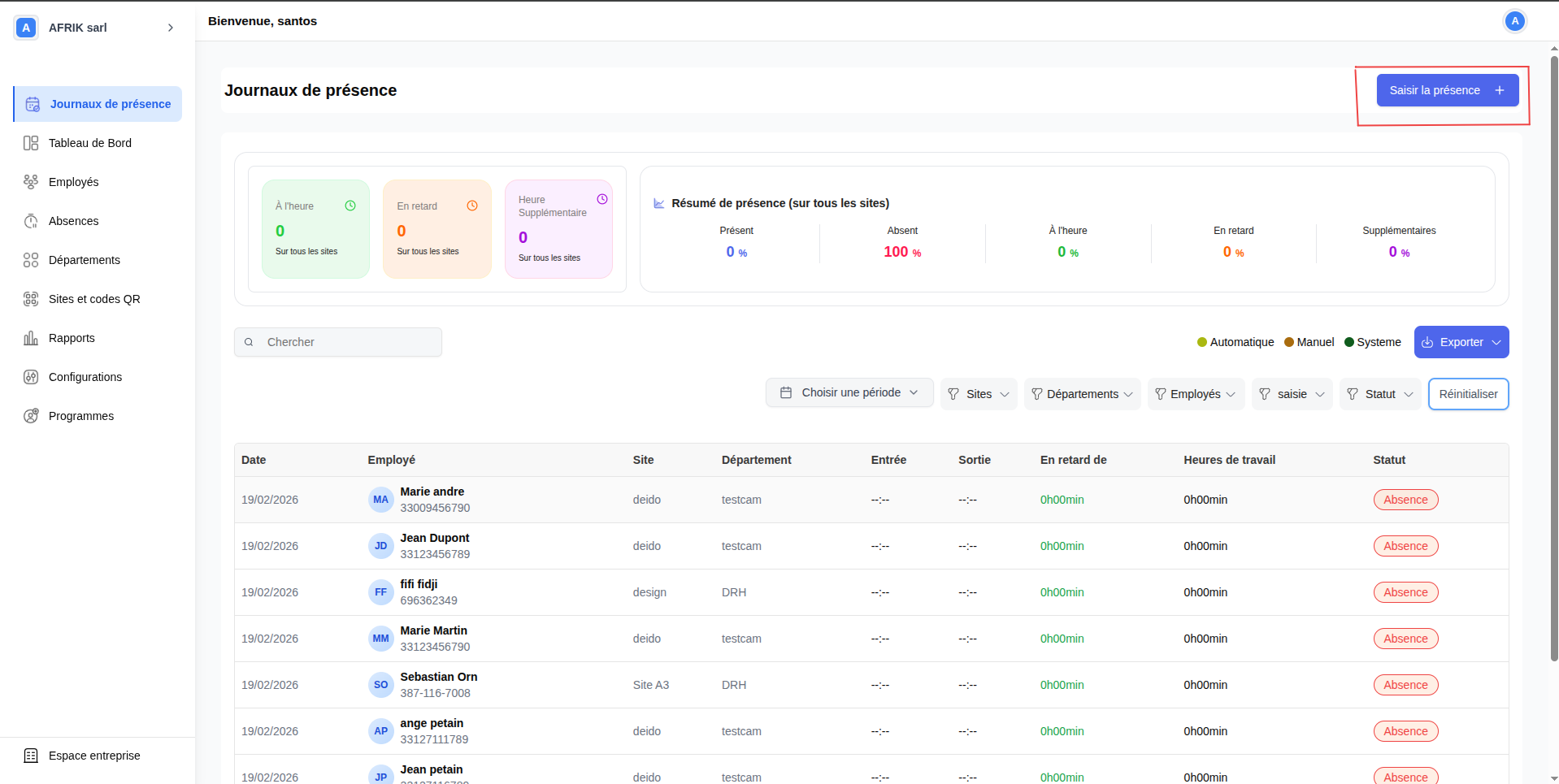 Bouton saisir la présence
